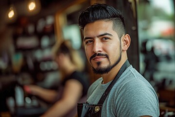 Obraz premium A Latin man with an average age of 30, dressed casually with his stylist's apron, is inside his hair salon dyeing the hair of a client who requests his services