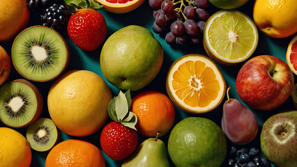 Assorted fresh fruits with sliced kiwi and citrus, A colorful assortment of fresh fruits, including sliced kiwi, citrus, apples, grapes, and strawberries, laid on a teal background.



