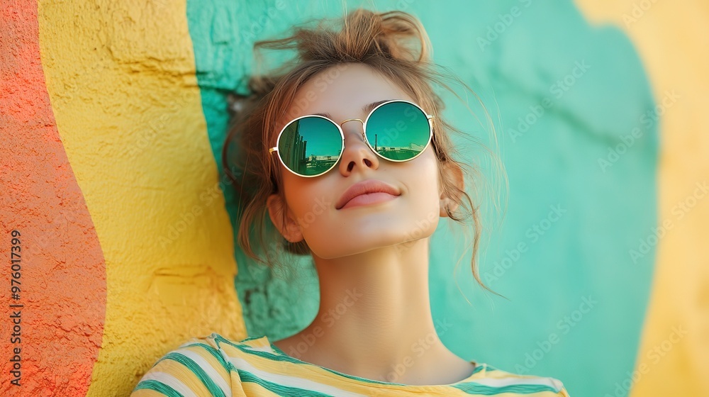 Sticker A young woman wearing round green sunglasses with a colorful wall in the background