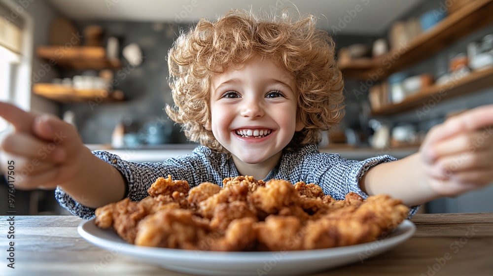 Aufkleber a smiling child sitting at a kitchen table with a plate of crispy fried chicken in front of them, re