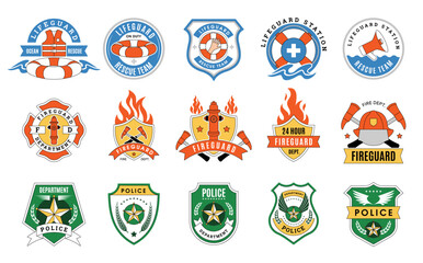 Security badges. Shield emblems of lifeguard services police and fireguard protection agents recent vector labels collection
