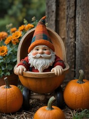 Adorable gnome in plaid hat, sitting in a pumpkin-filled wheelbarrow
