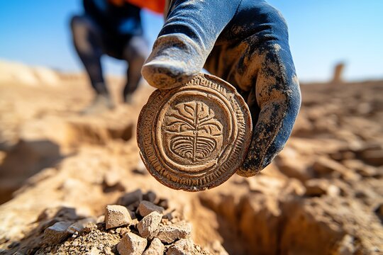 An ancient pottery shard being unearthed from the sands of a forgotten desert city, the design still intact after centuries