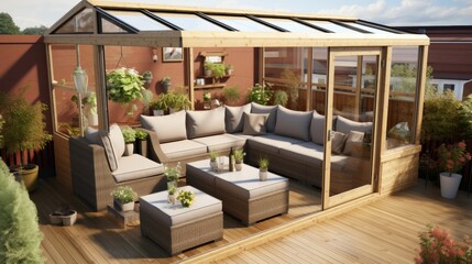 Elegant wooden terrace with glass railings and canopy for an open and airy outdoor experience