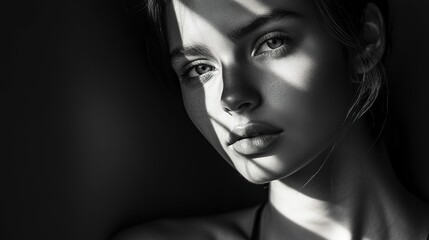 Fototapeta premium Elegant black and white portrait of a woman with dramatic lighting, focusing on emotion and timeless beauty, portrait, black and white 