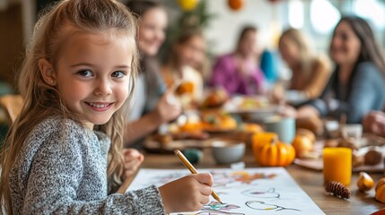 Family Thanksgiving Prep: Kids Drawing Festive Art at Kitchen Table with Adults Cooking in Background