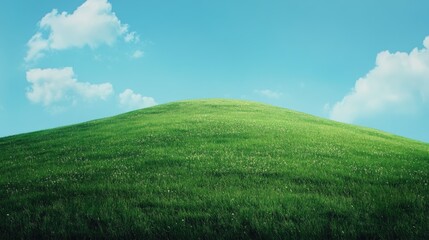 Fototapeta premium A lush green grassy hill rolls gently under a bright blue sky with fluffy white clouds.