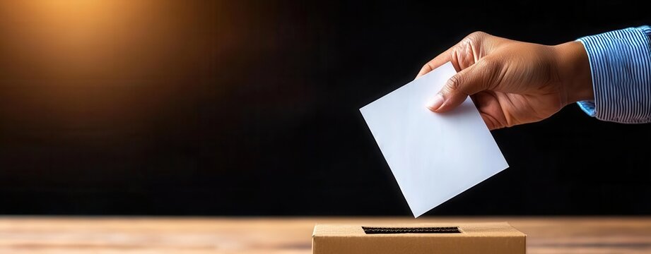 Close-up of a poll worker placing a ballot into a secure box, election integrity, vote counting