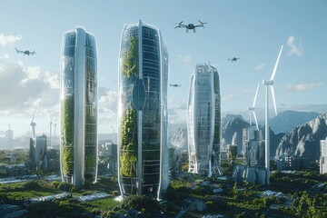 Naklejka premium Futuristic cityscape with tall skyscrapers, green vegetation, and flying drones