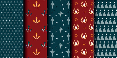 Obraz premium Set of Christmas vector seamless pattern. Merry Christmas and Happy New Year. Christmas symbols background. Vector red and blue seamless illustration
