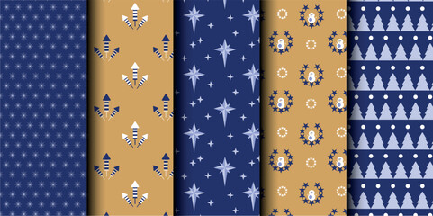 Set of Christmas vector seamless pattern. Merry Christmas and Happy New Year. Christmas symbols background. Vector gold and blue seamless illustration