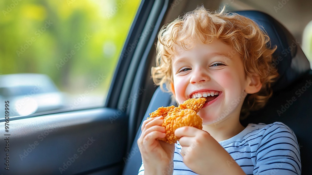 Poster a child eating fried chicken in the car during a road trip, smiling out the window as they take a bi