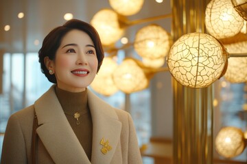Portrait of a woman in a modern illuminated setting symbolizing elegance warmth and sophistication