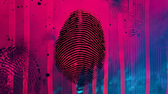 An abstract a detailed fingerprint against a vibrant magenta and aqua backdrop. dynamic composition highlights themes of identity, security, and technology.