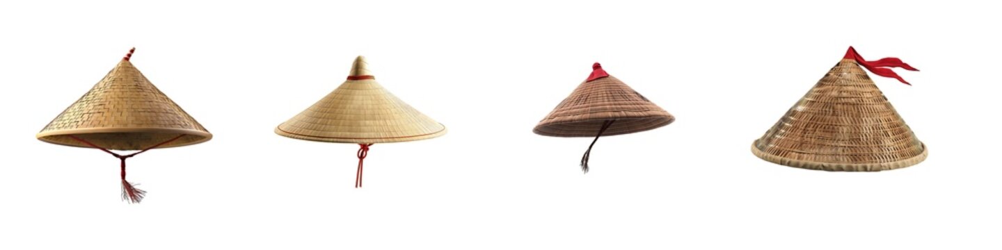 Set of Traditional Asian Vietnamese Conical Straw Hat, isolated on transparent background