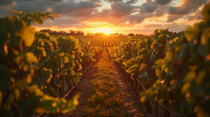 Fototapeta premium Golden Sunset Over a Vineyard with a Row of Grapevines