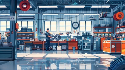 A mechanic in a well-lit, modern garage, working on a tire with tools and equipment around him.