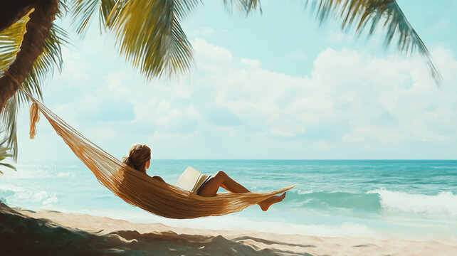 National Relaxation Day, a person lounging in a hammock by the beach