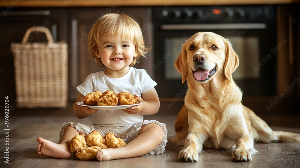 Poster a child sitting on the kitchen floor with a plate of fried chicken, happily eating while their dog s