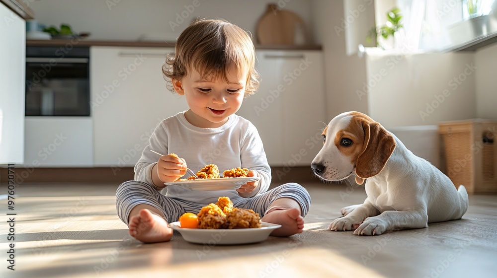 Poster a child sitting on the kitchen floor with a plate of fried chicken, happily eating while their dog s