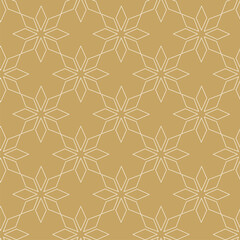 Abstract geometric pattern with crosses, stripes, lines. Seamless vector background. White and gold floral ornament. Modern reticulated graphic design.