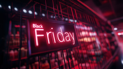 Bold neon Black Friday sign glowing in the bright city street at night, blurred neon lights in the background. Concept of sales, discounts, and shopping season promotions
