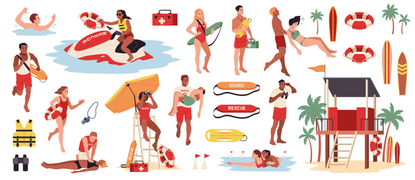 Cartoon water rescuers characters. Lifeguards pull drowning people out of sea, emergency on beach, dangerous swimming. First aid. Different lifebuoys and boats, tidy vector flat isolated set