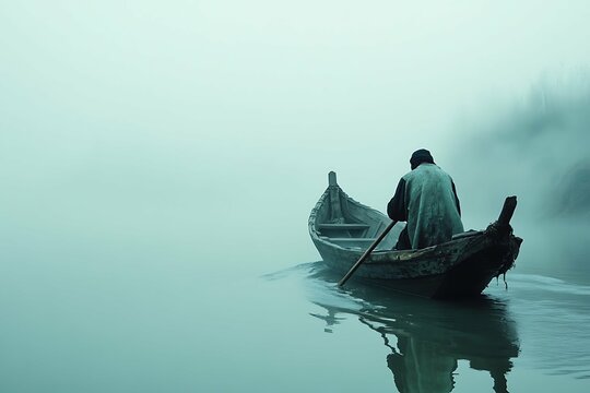 ferryman, person in boat, boat in the fog