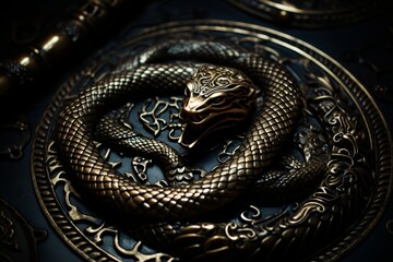 Obraz premium Emblematic representation of justice scales with snakes and sword symbolizing law and equity