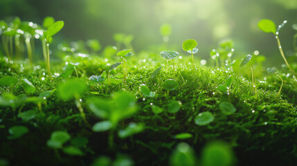 A macro shot capturing the delicate beauty of dew drops glistening on blades of grass, creating a refreshing and vibrant scene