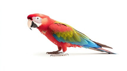 Obraz premium A vibrant scarlet macaw perched gracefully, showcasing its stunning colors and distinctive features against a white background.