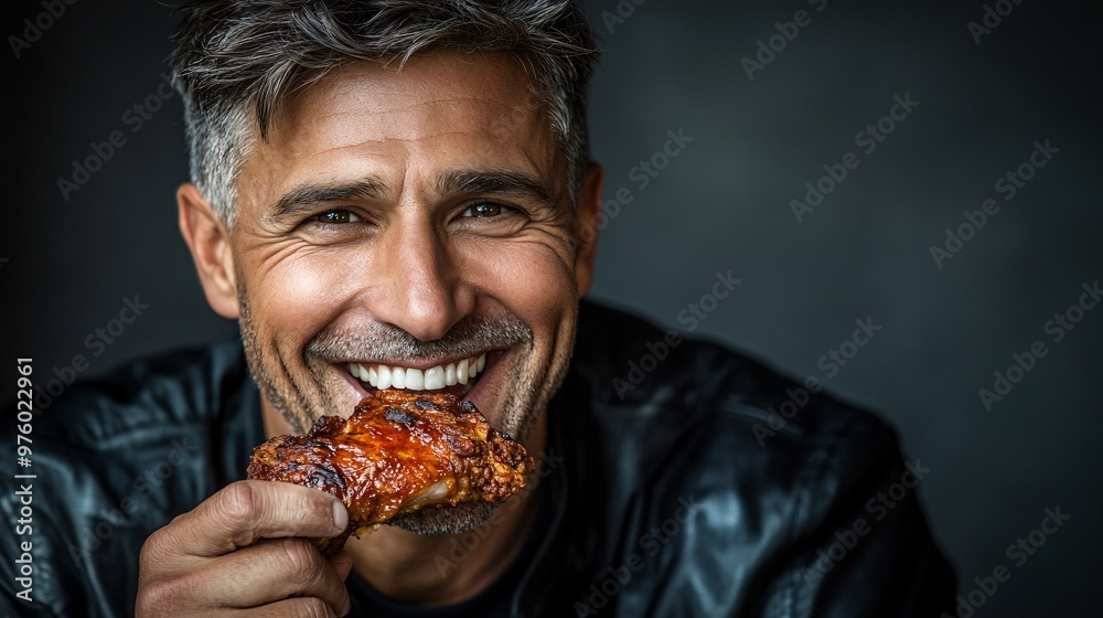 Poster a middle-aged man laughing with a piece of fried chicken in hand, showing the casual and joyful side