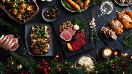 Christmas Dinner Table Setting with Festive Decorations