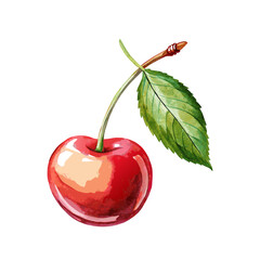 watercolor style cherry fruit with leaf on white