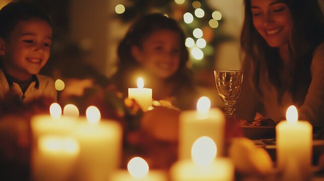 A warm family gathering with glowing candles, creating a cozy atmosphere during a festive celebration.