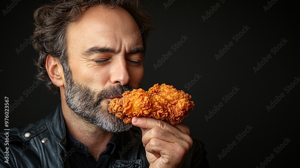 Poster a middle-aged man savoring the taste of fried chicken, his eyes closed in contentment. the lighting 