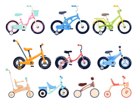 Bright childish bicycles. Cartoon kids transport, active games, color vehicles, different frames, handlebars and wheels types, colorful tricycle cartoon flat style isolated vector set
