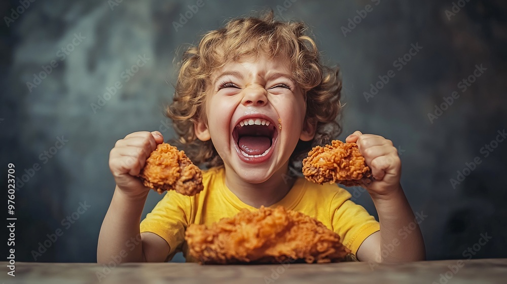 Poster a child sitting at a table in a professional studio, gleefully holding a piece of fried chicken with