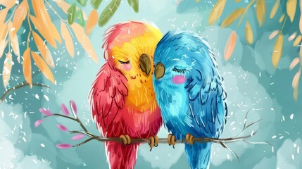 Fototapeta premium Two Colorful Parrots Cuddling on a Branch