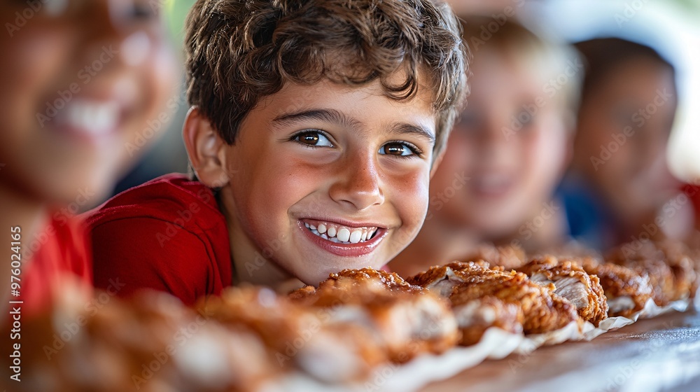 Poster a close-knit group of people from various age groups and ethnicities enjoying fried chicken, with mi
