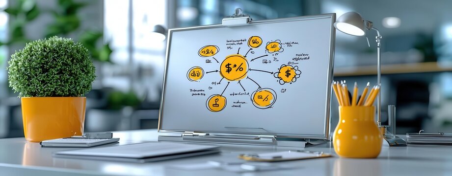 Minimalistic marketing structure flowchart on a sleek whiteboard, modern office, clean lines, soft lighting, high detail on diagrams, focus on business organization