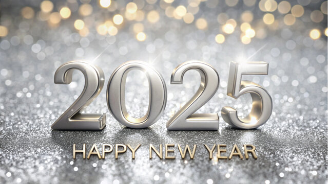 Holiday New Year silver background with text: "Happy New Year 2025."