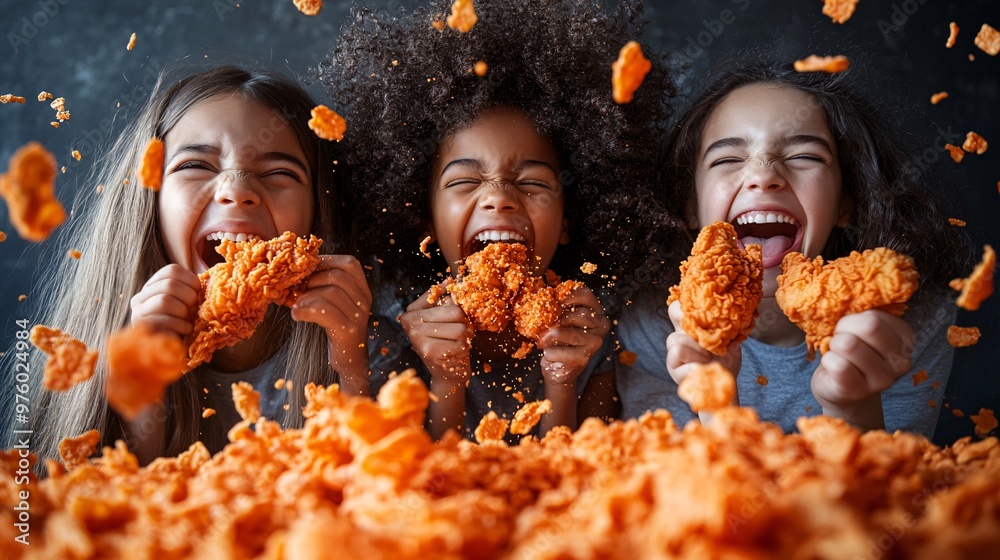 Aufkleber A wide-angle shot of a multicultural family enjoying fried chicken in a studio setting. The image captures the mid-bite excitement of each person, with flying crispy flakes adding movement and life