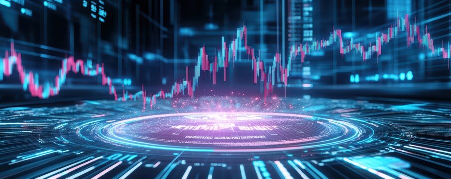 Futuristic digital graph with vibrant colors showcasing data trends. Ideal for presentations related to finance and technology.