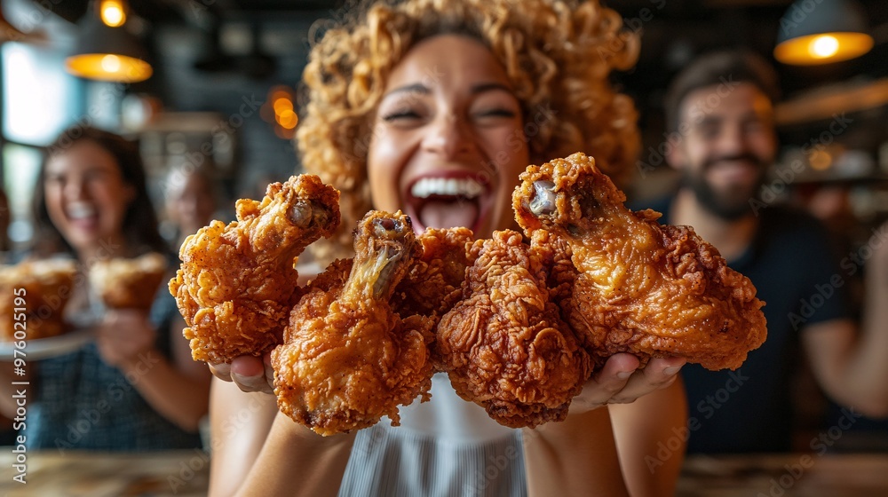 Poster a joyful scene of individuals from various age groups and ethnicities enjoying fried chicken togethe