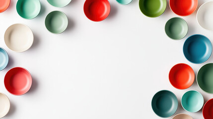 Colorful ceramic bowls arranged in a playful pattern on a clean white background, showcasing vibrant colors and variety in size and shape