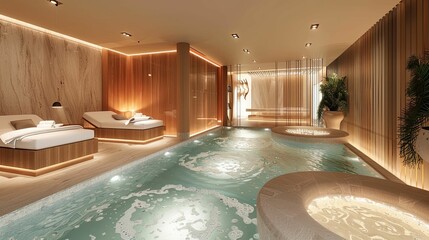 Modern Spa Interior with Indoor Pool and Loungers
