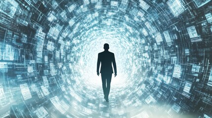 Human silhouette walking through a maze of floating digital ideas, representing the path to business innovation, innovation journey, complex business concepts