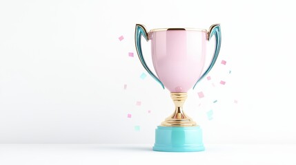 Stylish pink trophy against a white background, symbolizing achievement and victory, adorned with colorful confetti.