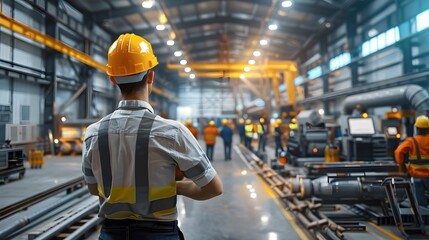 A man in a hard hat stands in a large industrial factory with other workers in the background.